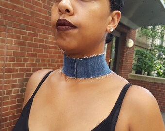 STELLA Wide Denim Choker Necklace// Distressed Jeans, Denim, Blue, Edgy, 90's Inspired, Grunge, Chic, Trendy, Fashion, Gold,