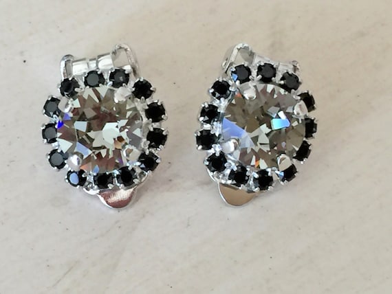 Black Diamond and Jet Crystal Halo Clip On Earrings, Silver
