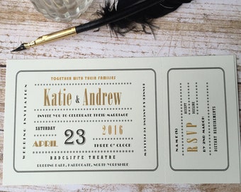 Wagtail Designs (Pack of 25) Wedding Invitations in a cinema ticket art deco style