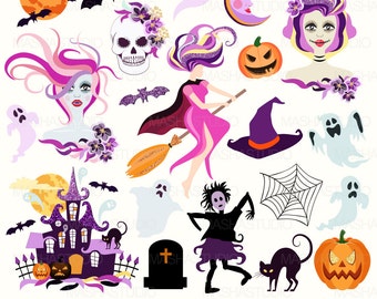 Halloween clip art: "HALLOWEEN CLIPART" with witch clipart, ghost clipart, pumpkin clipart, zombie clipart, 21 images, 300 dpi. PNG files