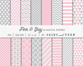 Pink Gray Digital Paper Pack, Pink Digital Scrapbook Paper Pack, Gray Digital Paper, Chevron, Polka dot, Stripes