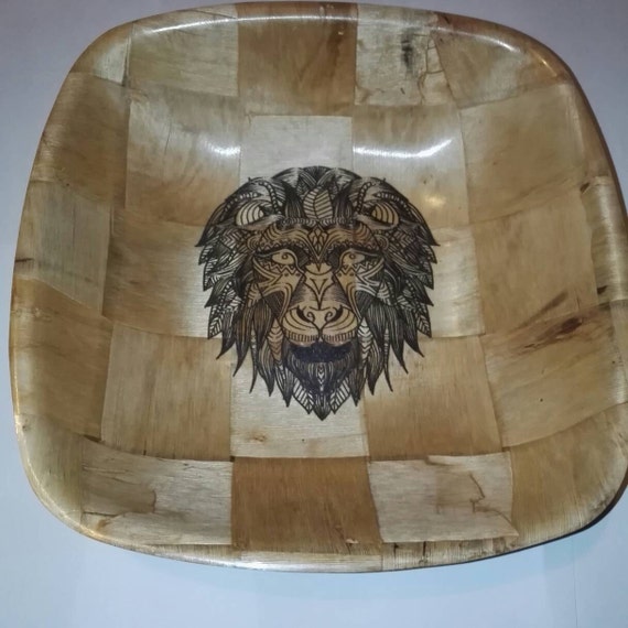 AFRICAN LION NATURAL wooden bamboo bowl unique fruit / egg basket / nic naks engraved table decoration