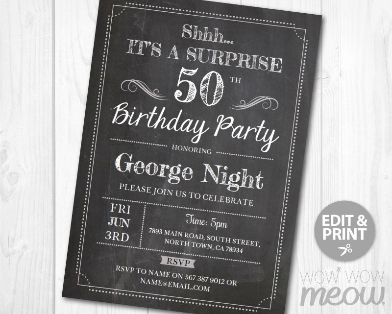 birthday for letter 50th invitation Surprise Chalk Invitations 50th FIFTY Birthday Board Invite