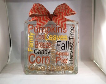 Decorative Thanksgiving/Fall/Autumn Lighted Glass Block (8 inch)
