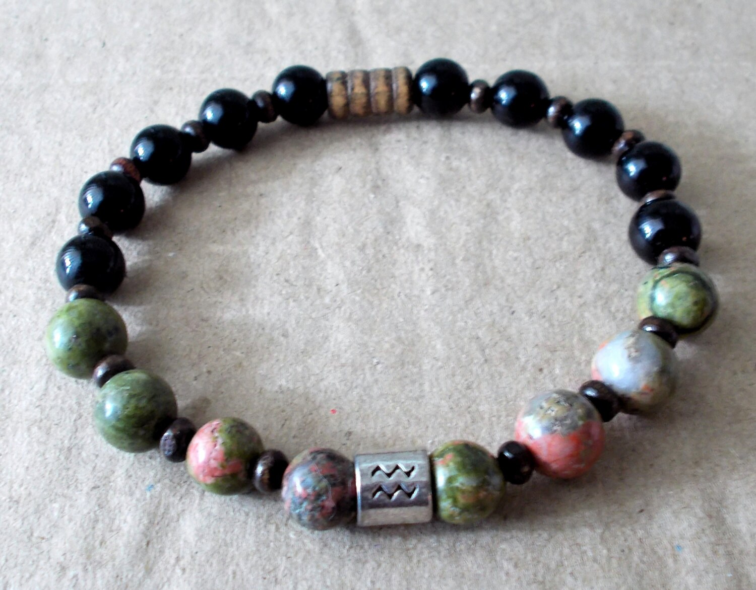 Men's Zodiac Aquarius Bracelet with Unakite Gemstone and