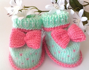 Mint Pink Baby Booties, Knitted Baby Booties, Baby Girl Booties, Soft Knitted Baby Booties, Knitted Baby Clothes, Infant Girl Crib Shoes