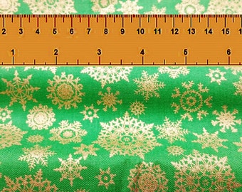 Christmas Quilting Fabric - Metallic Gold Snowflakes on Light Green - Fat Quarter or Yardage