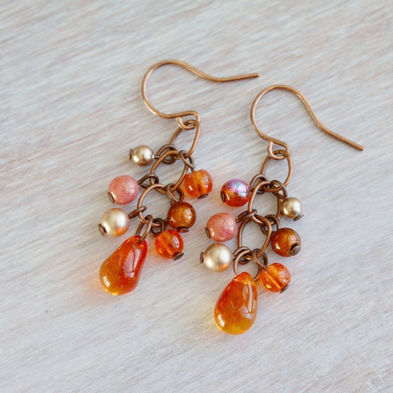 Orange Glass Cluster Earrings Czech Glass Drop Bronze Pearl