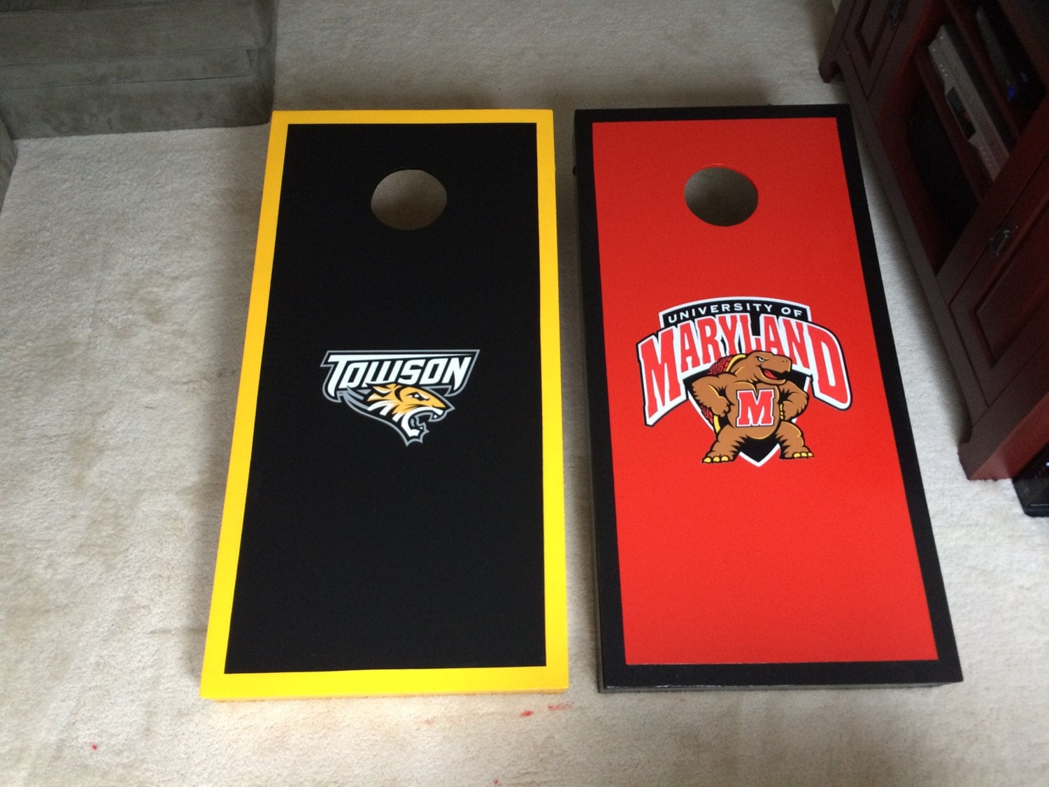 Custom made regulation size cornhole boards with folding legs