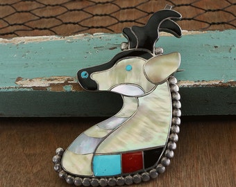 Native American Jewelry,Zuni,Sterling,Zuni Jewelry,Native American Jewelry,Native,Vintage Zuni Pueblo Inlay Pronghorn Antelope Pin Pendant,