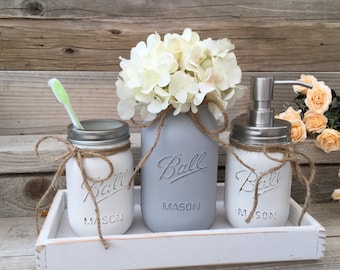 Mason Jar Bath Set with Tray, Grey Farmhouse Bathroom Decor, Gray Bathroom Decor,Custom Bathroom Decor,Mason Jar Bathroom Sets, Country Bath