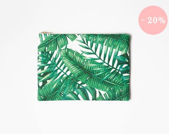 Palm branches Organic Cotton Clutch, Zipper Pouch, Print Organic Fabric