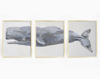 Nautical Decor, Sperm Whale Print, Whale Art, Whale Decor, Nautical Art Print, Whale Print Set, Set of Prints, Whale Triptych, Coastal Decor
