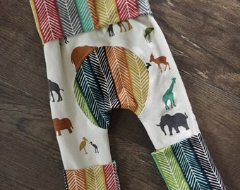 Colorful animals and quill stripe maxaloones miniloones cloth diaper pants stretchy and adjustable made with birch organic knit