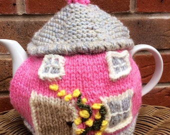 Pink picture Tea Cosy, cottage Tea Cosy, cute teacozy, pink tea cozy, house tea cosy, knitted teacosy, different tea cosies, TEACOSY, TEA,