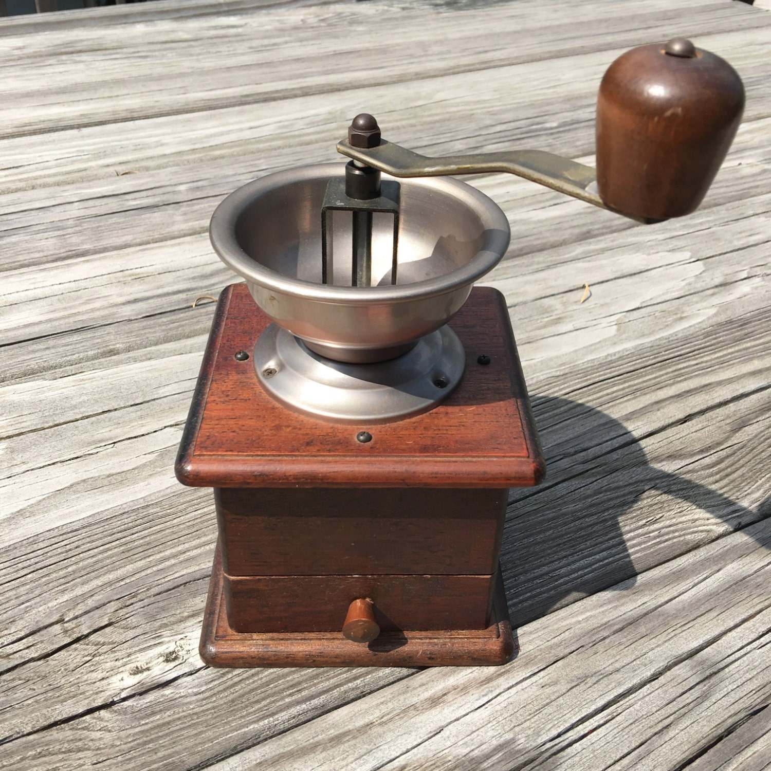 Vintage Hand Crank Coffee Grinder Mill Wood Base Dispenser