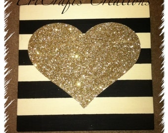 Stripes with GLITTER heart Wood Sign