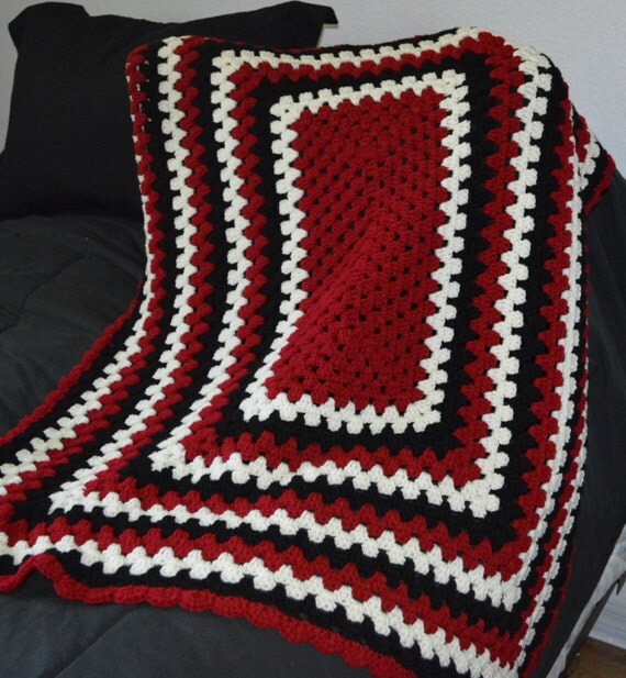 Crocheted Red Black Off White Granny Rectangle Afghan