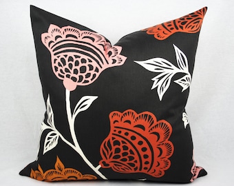 Gray and Orange Floral Pillow Cover, Handmade, Thomas Paul Fabric, Modern Floral, 20x20 inch, Same Fabric Both Sides, Zipper, Ready To Ship