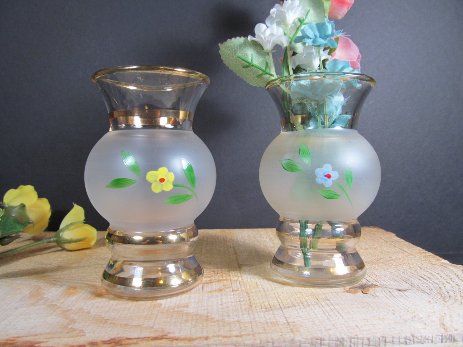 Clear Glass Gold Trim Small Bud Vases Set of 2 Frosted