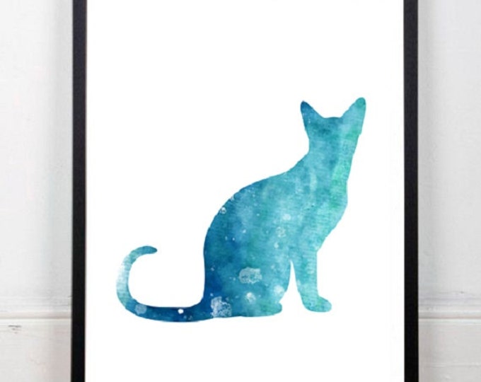 Blue Cat Poster / Watercolor Cat Poster / Cat Printable Poster / Cat Lovers Gift / Minimalist Animal Poster / Cat Wall Art