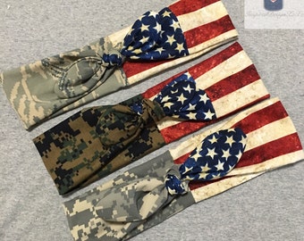 Military Camo & Flag Tie Headband- Army Headband- Dolly Headband- Marine Headband- Navy Headband- Airforce Headband- Flag Headband