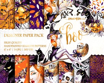 Halloween Paper Pack Watercolor Fall Backgrounds Cute Pumpkin Digital Seamless Patterns Printable Happy Halloween Witch Black Cat Moon Bat