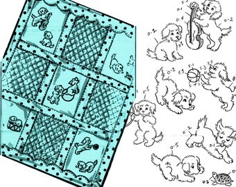 Puppy Baby Quilt Pattern Vintage Puppy Transfers Baby Shower Gift PLAYFUL PUPPIES COVERLET Crib Quilt Pattern Puppy Embroidery Pattern