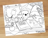 Witch's Workshop Table and Kitty Halloween Printable Coloring Page for Adults - Kawaii Cat Pastel Kitten friend gift for kids coloring pages