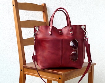 Leather bag, Leather bag red, Leather bag women, small leather shopper, handbag, small leather shopping bag, Lou Frontpocket - red!