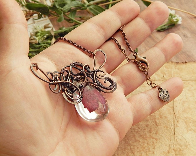 Wire wrapped pendant with red quartz phantom, Copper Wire winding, Fantasy style, Birthstone, transparent gem, Semi precious unique jewelry