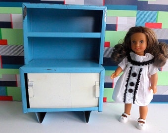1950s RETRO MID CENTURY, Handmade Metal Cabinet with Sliding Doors in Blue and White - perfect for Mini American Girl and other 7"-9" dolls