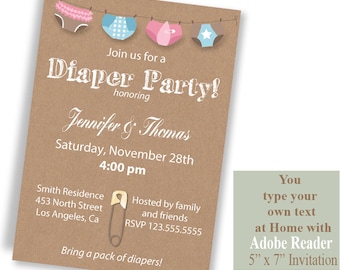 Diaper party Invitation, Printable Instant Download invite, kraft background invite, Type your own text with Adobe Reader PDF File A1020
