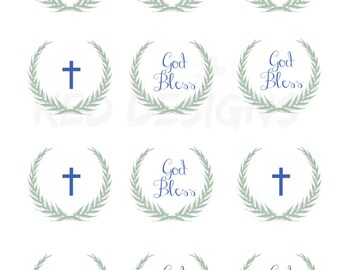 Printable-Christening-Baptism-Dedication-Cupcake Toppers-Personalize-God Bless-Digital-Vintage-white-Floral Wreath-Laurel Wreath