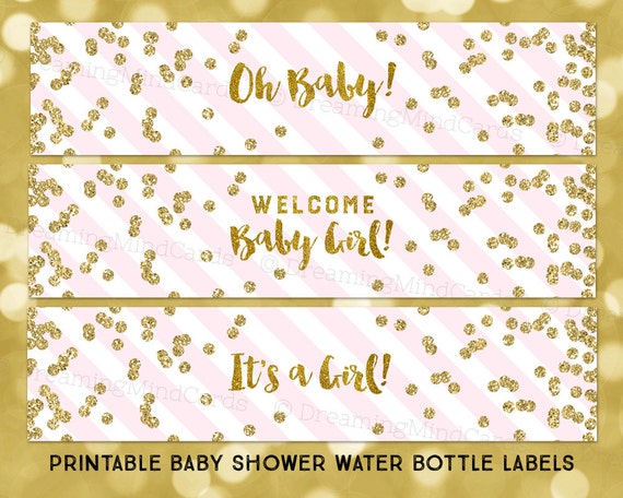 printable water bottle labels girl baby shower blush pink