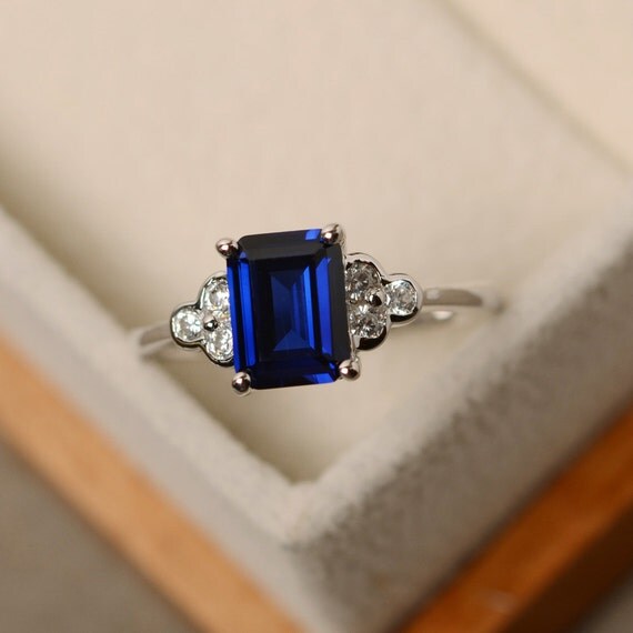 Sapphire ring emerald cut ring blue sapphire ring silver