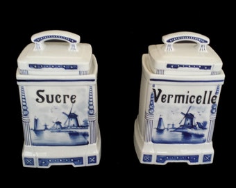 St. Ghislain, Belgium 2691: 2 gorgeous ceramic kitchen jars from the 1930's, Delft blue style