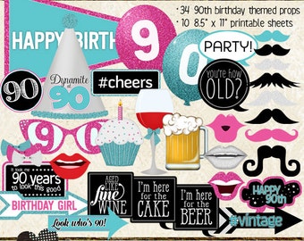 Photo Booth Props, HAPPY 90TH BIRTHDAY, girl, printable sheets, instant download, pink, aqua, silver, party idea