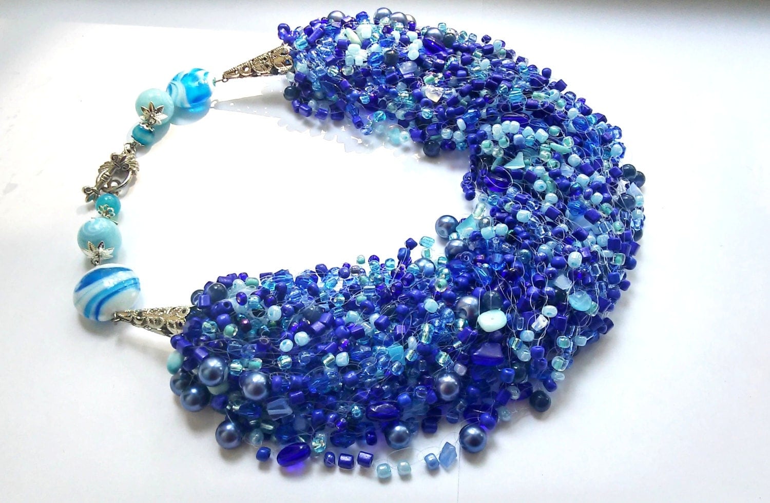 Royal blue seed bead necklace blue stone necklace with cat