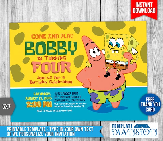 Spongebob Invitation Spongebob Birthday by TemplateMansion on Etsy