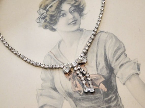 Vintage Rhinestone Necklace Old Hollywood Mid Century 1950s Black Glass Rhinestones Crystal Accents Choker Bib Wedding Evening Formal Party