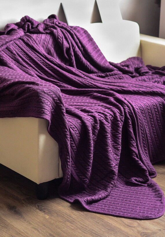 Knitted blanket in plum color. Soft blanket. Home Decor. Home