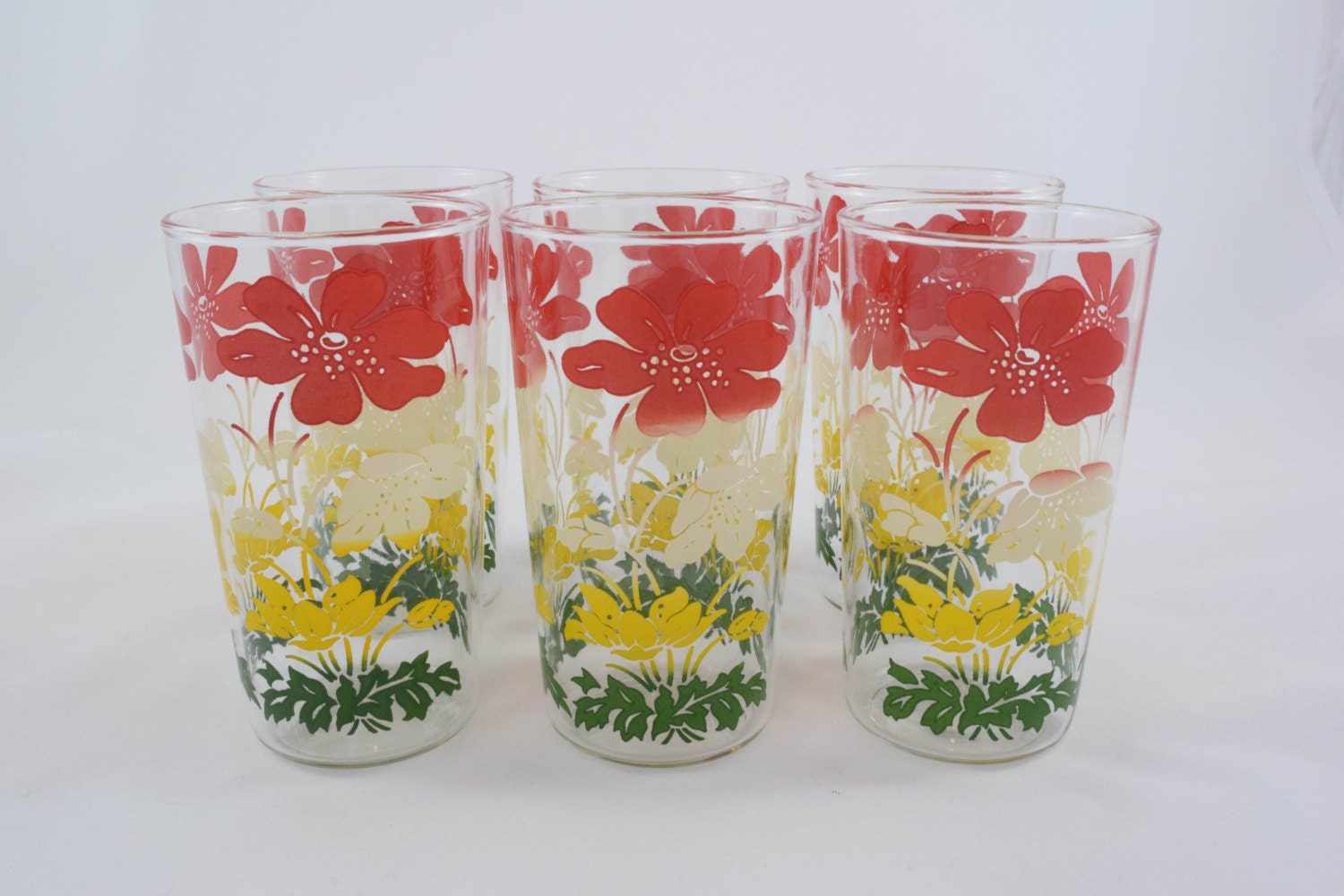 Vintage Mid Century 1950s Drinking Glasses Hand Painted Floral