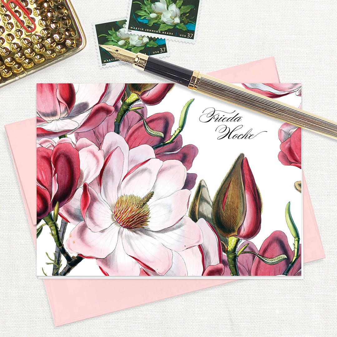 personalized stationery set - MAGNOLIA BLOSSOMS - set of 8 folded note cards - floral stationary - botanical flower