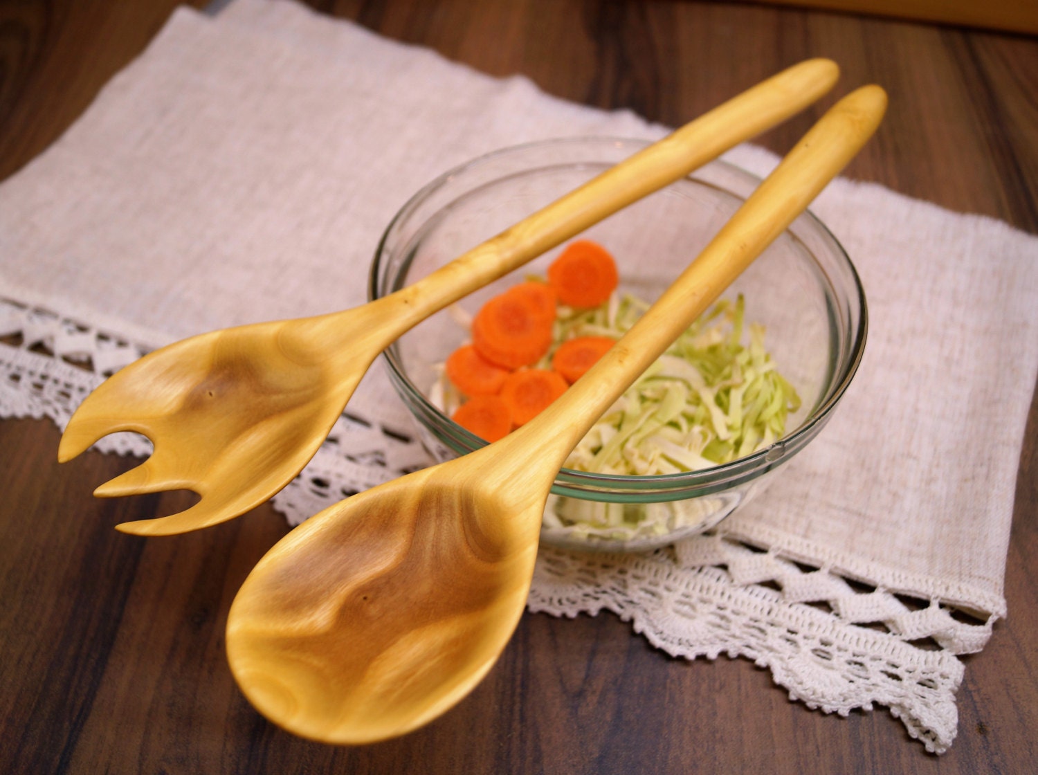 Carved wooden salad server setwooden by DiamondWoodMaks on Etsy