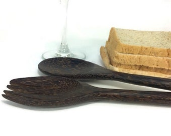 12" Wooden Salad Spoon & Fork Palm Wood Utensils Flatware Salvaged HandmadeKitchen Roux Spoon Food