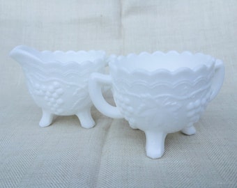 Vintage 1950's Imperial Milk Glass sugar bowl and creamer in grape and vine design