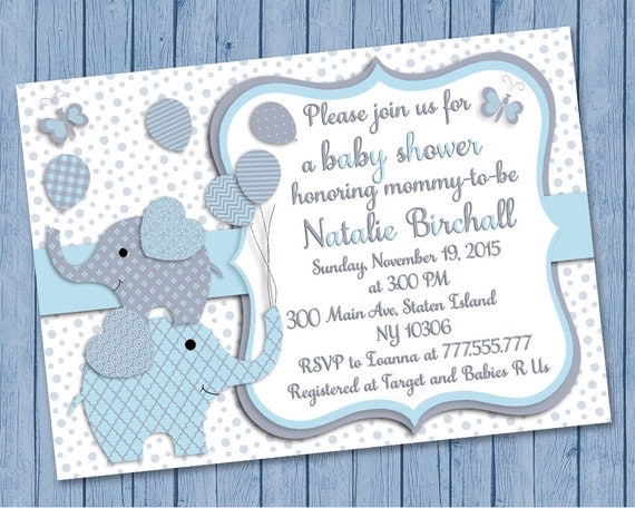 Elephant Baby shower printable invitation baby boy digital