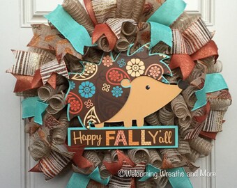 Fall Wreath, Happy Fall Y'all Wreath, Fall Hedgehog Wreath, Fall Mesh Wreath, Autumn Wreath, Colorful Fall Wreath, Fall Door Decor