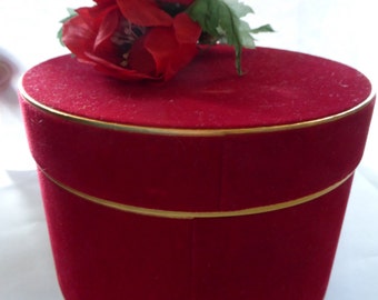 vtg HAT Round Shape Candy Box designer brand name Jewelry Organizer Protector Red Velvet Poppies Flowers hardside Gold FREE Shipping usa